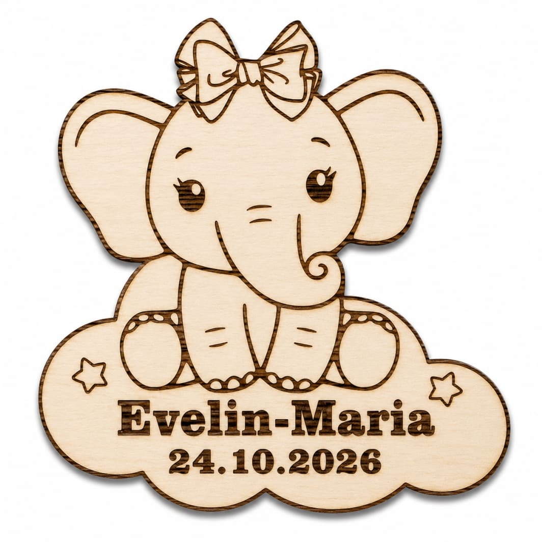 MB013 Marturie botez, Personalizata, Model Elefant, Lemn, 5x5 cm, MB013 - imagine 1