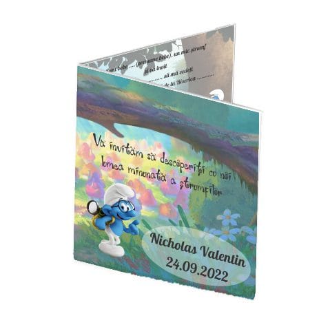 invitatie carte strumfi 1 Invitatie botez, Strumf, 16x15 cm, Carton, Model IC24 - imagine 1