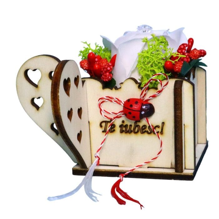Martisor in Cutie, Trandafir de Sapun, Licheni, Te iubesc, 9,5x9,5 cm, Alb, AF011 - imagine 2