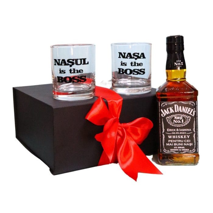 Set Personalizat Cadou Nasi, Whiskey Jack Daniel's cu 2 Pahare, 23x23 cm, Negru, DCNS013 - imagine 1