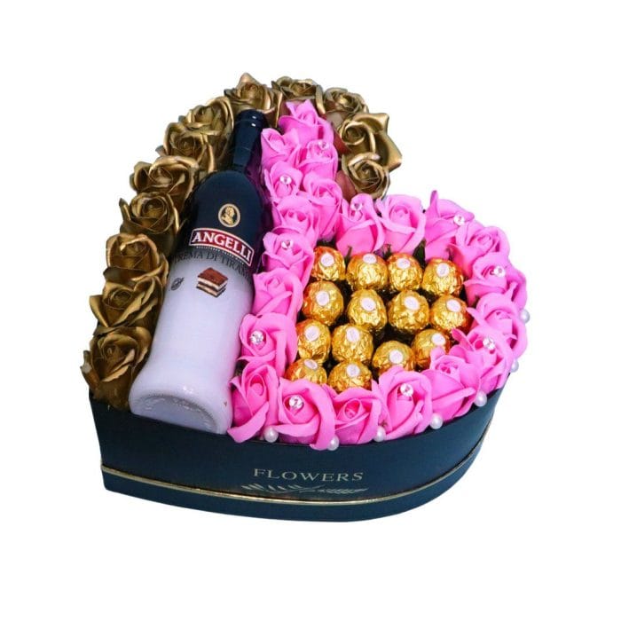 Aranjament Floral Angelli, Ferrero, Trandafiri Sapun, Gold Roz, 33 cm, AF015 - imagine 1
