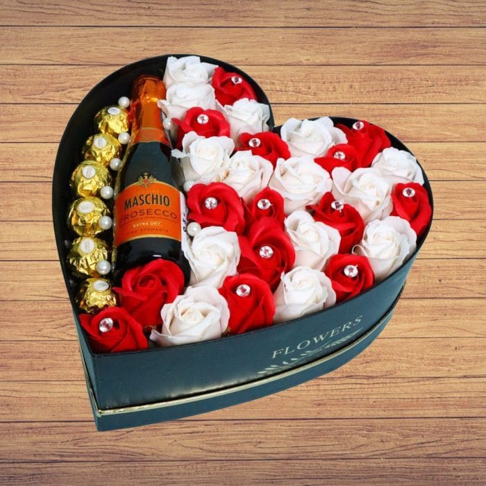 Aranjament Floral Prosecco, Ferrero, Trandafiri Sapun, Alb Rosu, 28 cm, AF013 - imagine 4