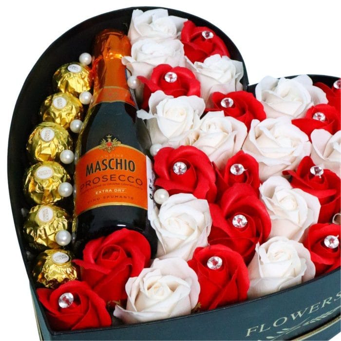 Aranjament Floral Prosecco, Ferrero, Trandafiri Sapun, Alb Rosu, 28 cm, AF013 - imagine 2