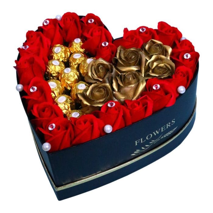 Aranjament Floral Gold, Ferrero, Trandafiri Sapun, Gold Rosu, 25 cm, AF014 - imagine 2