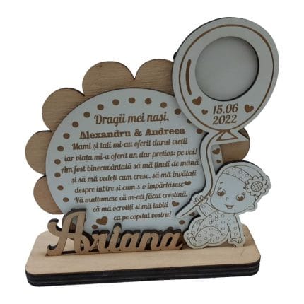 Decoratiune Cadou, Personalizata, Nasi Botez, Lemn, Alb, 17x16cm, DCNS015