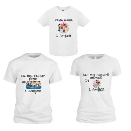 Set 3 tricouri pentru aniversarea de 1 an, taiere mot, Printesele Disney, Bumbac, Alb, TM30