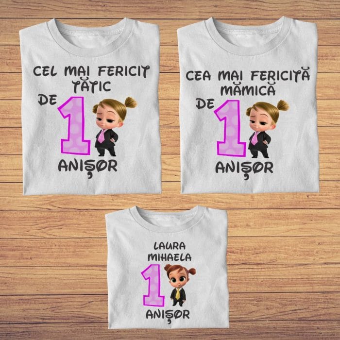Set 3 tricouri pentru aniversarea de 1 an, taiere mot, Baby Boss Girl, Bumbac, Alb, TM31 - imagine 4