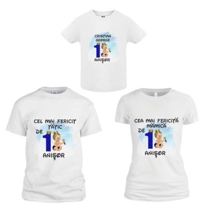 Set 3 tricouri pentru aniversarea de 1 an, taiere mot, Micul Print, Bumbac, Alb, TM33