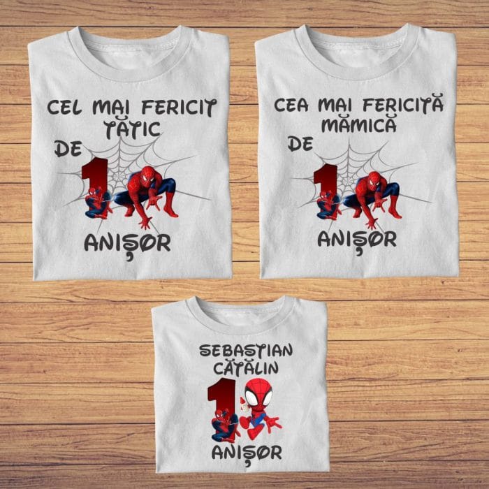 Set 3 tricouri pentru aniversarea de 1 an, taiere mot, Spider Man, Bumbac, Alb, TM38 - imagine 4