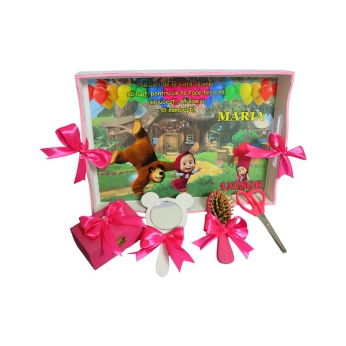 Set Mot Personalizat, Masha si Ursul, 5 Piese, Lemn, Roz, 20x30cm, SMD033 - imagine 3