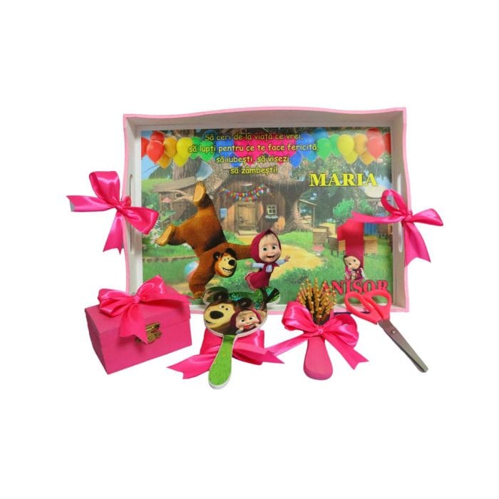 Set Mot Personalizat, Masha si Ursul, 5 Piese, Lemn, Roz, 20x30cm, SMD033 - imagine 1