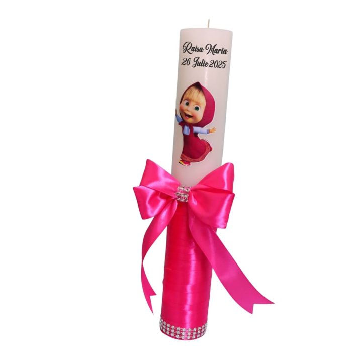 Lumanare Botez, Personalizata, Masha si Ursul, Roz, 35 cm, LMB025 - imagine 1