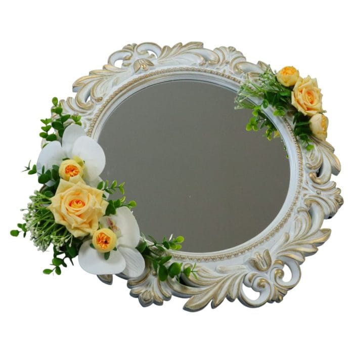 Oglinda Miresei Decorata, Trandafiri, Orhidee, Bujori, Galben, Crem, Alb, 47 cm, OGLDC008 - imagine 1