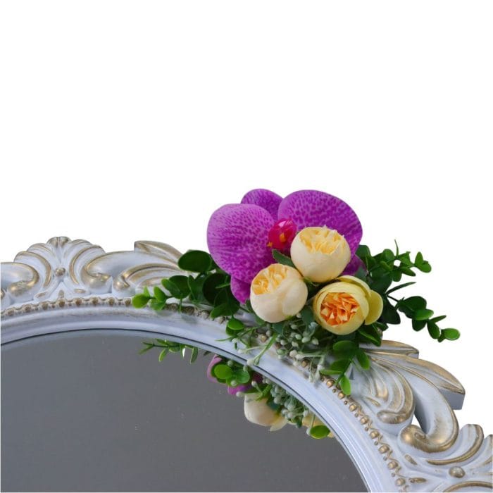 Oglinda Miresei Decorata, Trandafiri, Orhidee, Bujori, Crem, Mov, 47 cm, OGLDC023 - imagine 3