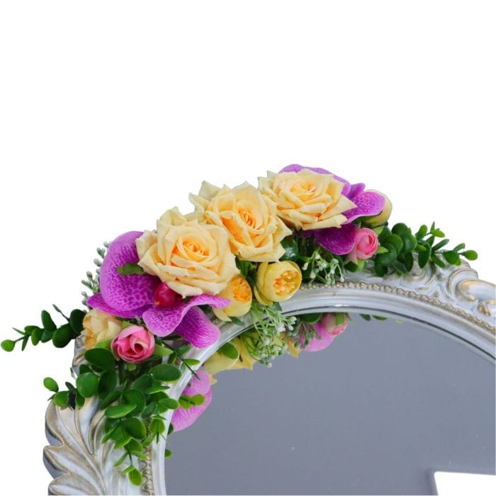 Oglinda Miresei Decorata, Trandafiri, Orhidee, Bujori, Crem, Mov, 47 cm, OGLDC023 - imagine 2