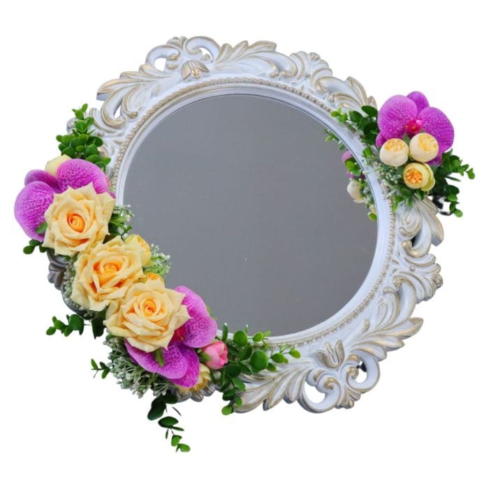 Oglinda Miresei Decorata, Trandafiri, Orhidee, Bujori, Crem, Mov, 47 cm, OGLDC023 - imagine 4