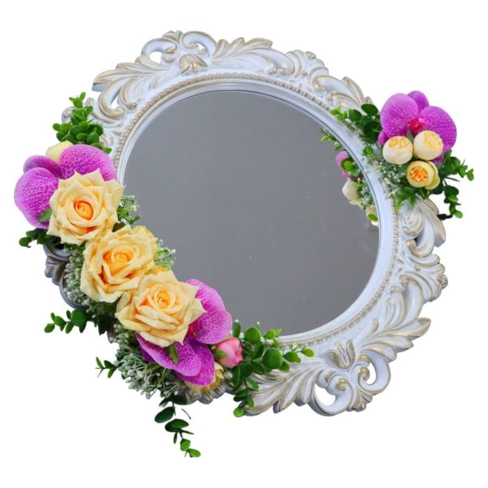 Oglinda Miresei Decorata, Trandafiri, Orhidee, Bujori, Crem, Mov, 47 cm, OGLDC023 - imagine 5