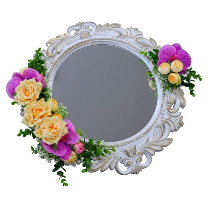 Oglinda Miresei Decorata, Trandafiri, Orhidee, Bujori, Crem, Mov, 47 cm, OGLDC023 - imagine 1