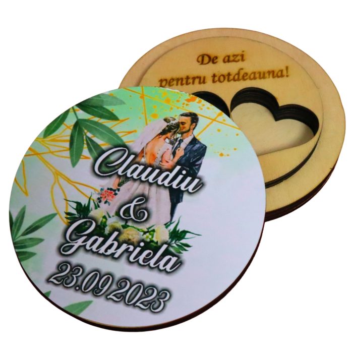 Cutie de verighete, Personalizata, Rotunda, Verde, Lemn natur, CTV018 - imagine 1