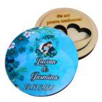 Cutie de verighete, Personalizata, Rotunda, Albastra, Lemn natur, CTV025