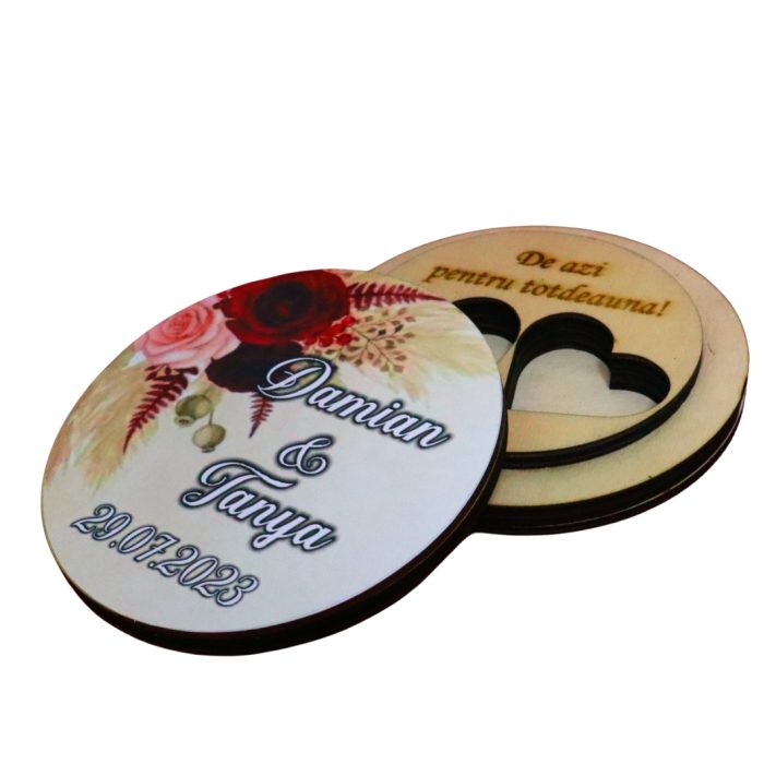 Cutie de verighete, Personalizata, Rotunda, Crem, Lemn natur, CTV030 - imagine 1