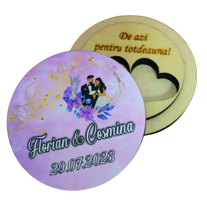 Cutie de verighete, Personalizata, Rotunda, Mov, Lemn natur, CTV033 - imagine 3