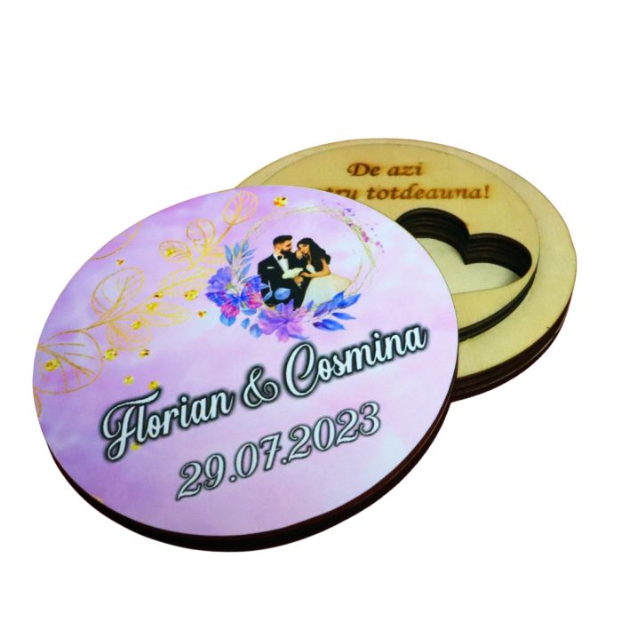 Cutie de verighete, Personalizata, Rotunda, Mov, Lemn natur, CTV033 - imagine 1