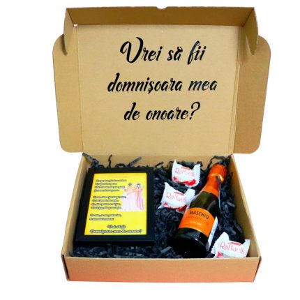 Set Cadou, Cerere Domnisoara Onoare, Vin spumant Maschio Prosecco, Bomboane Raffaello, 28x23 cm, DCCDO002