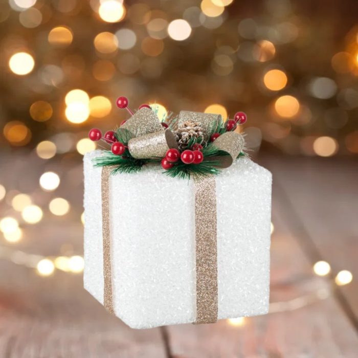 Decoratiune de Craciun, Cadou, din Spuma, Alb, Glitter, Bej, Sampanie,13x13x15cm, DCJ075 - imagine 4
