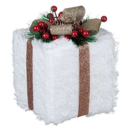 Decoratiune de Craciun, Cadou, din Spuma, Alb, Blana, Bej, Glitter, 13x13x15cm, DCJ078