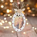 Decoratiune de Craciun, Ornament Brad, Lemn, Poza, Ren Glitter,14.5cm, DCJ120 - imagine 4