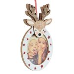 Decoratiune de Craciun, Ornament Brad, Lemn, Poza, Ren Glitter,14.5cm, DCJ120 - imagine 2