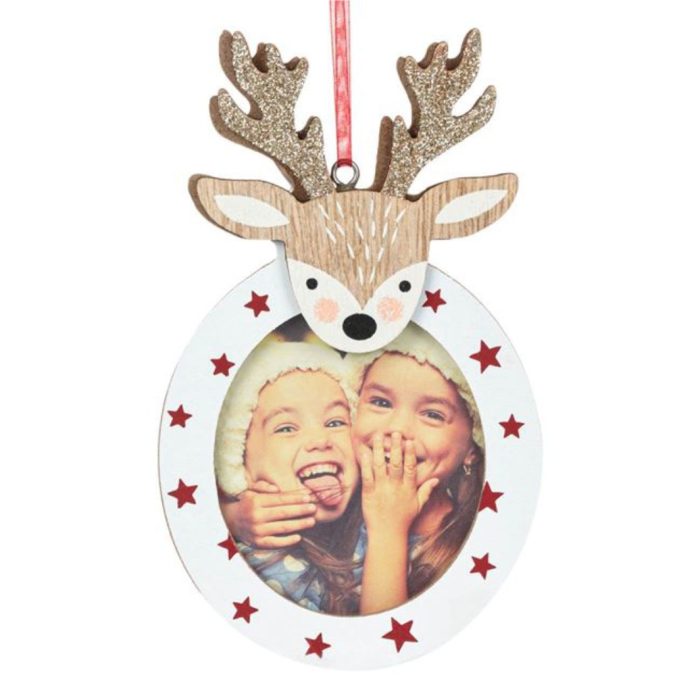 Decoratiune de Craciun, Ornament Brad, Lemn, Poza, Ren Glitter,14.5cm, DCJ120 - imagine 1