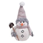 Decoratiune de Craciun, Figurina, Om de Zapada, Ecru, Blana, Artificiala, Roz, Caciula si Lopata, 36cm, DCJ173