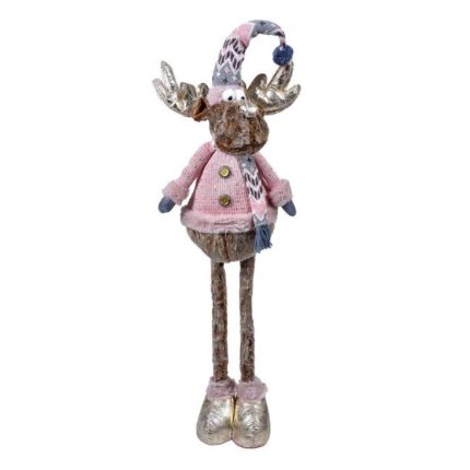 Decoratiune de Craciun, Figurina, Cerb, cu Haina, Roz, Caciula, Fular, 97cm, DCJ204