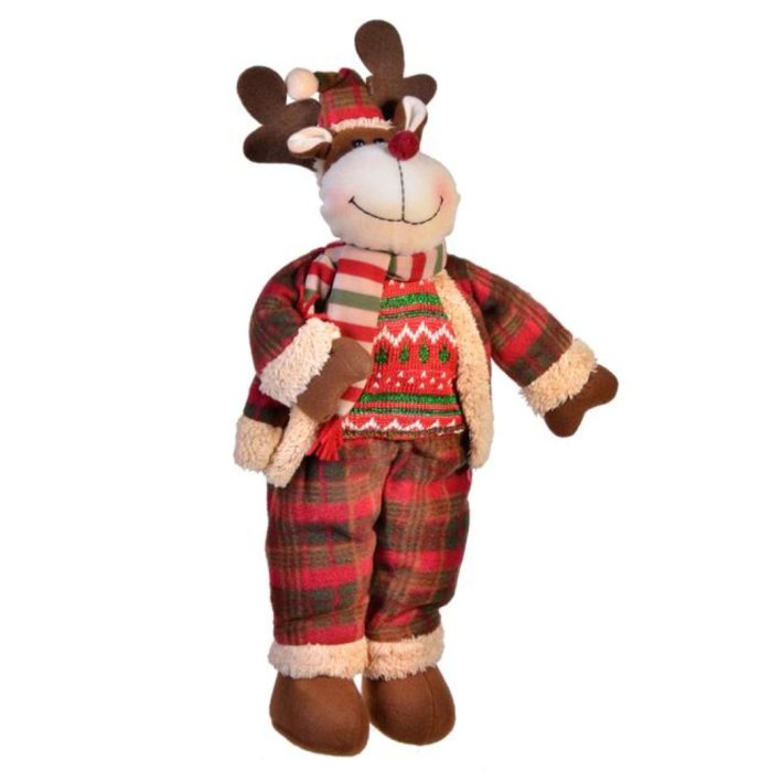 Decoratiune de Craciun, Figurina, Cerb, Sacou, Pantaloni, Rosii, cu Carouri, 48cm, DCJ207 - imagine 1