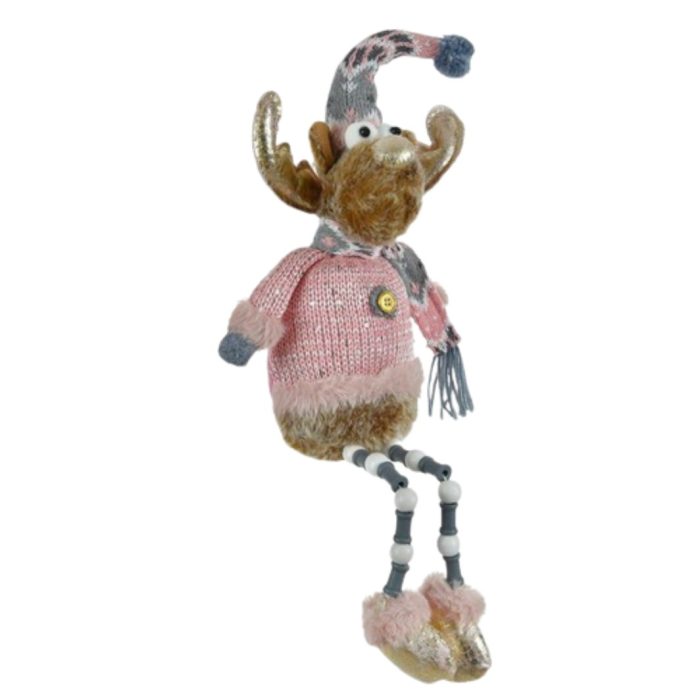 Decoratiune de Craciun, Figurina, Cerb, Asezat, cu Picioare, Roz, Caciula, Fular, 55cm, DCJ228 - imagine 5