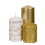 Decoratiune de Craciun, Set, Lumanari, Albe, Glitter, Auriu, 730g - 3buc, DCJ247