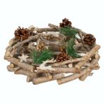 Decoratiune de Craciun, Suport, Lemn, Lumanare, Pastila, Decorat, Conuri, 32cm, DCJ250