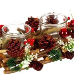 Decoratiune de Craciun, Suport, Dublu, Lumanari, Lemn, Conuri, Globuri, 25x19x11cm, DCJ251 - imagine 2