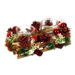 Decoratiune de Craciun, Suport, Dublu, Lumanari, Lemn, Conuri, Globuri, 25x19x11cm, DCJ251