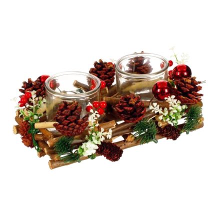 Decoratiune de Craciun, Suport, Dublu, Lumanari, Lemn, Conuri, Globuri, 25x19x11cm, DCJ251
