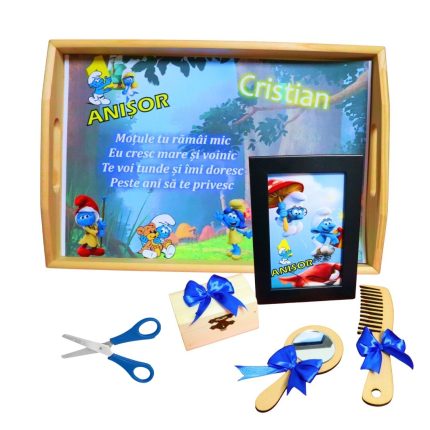 Set Mot Personalizat, Strumfi, 6 Piese, Lemn, Albastru, 20x30cm, SMD093