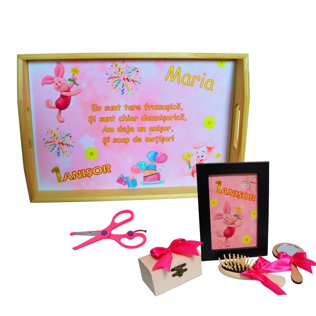 SMD105. Set Mot Personalizat, Porcusorul Piglet, 6 Piese, Lemn, Roz, 20x30cm, SMD0105 - imagine 1