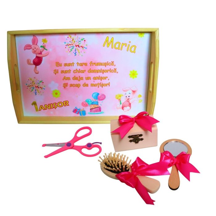 Set Mot Personalizat, Porcusorul Piglet, 5 Piese, Lemn, Roz, 20x30cm, SMD0106 - imagine 1