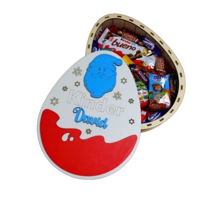 Cutie cadou de Craciun Ou Kinder Surprise, Personalizata, Pachet de dulciuri pentru copii, Lemn, Albastra, 30x23 cm, CCD001