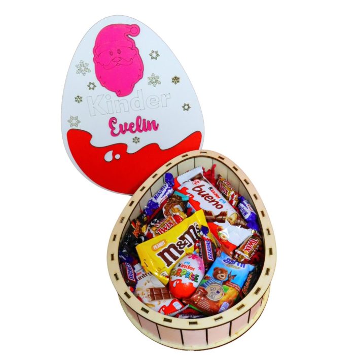 Cutie cadou de Craciun Ou Kinder Surprise, Personalizata, Pachet de dulciuri pentru copii, Lemn, Roz, 30x23 cm, CCD002 - imagine 1