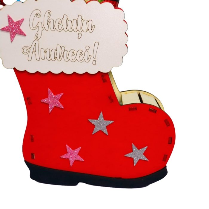 Cutie cadou de Craciun in forma de gheata, Personalizata, Pachet de dulciuri pentru copii, Lemn, Rosu, 22x21 cm, CCD006 - imagine 2