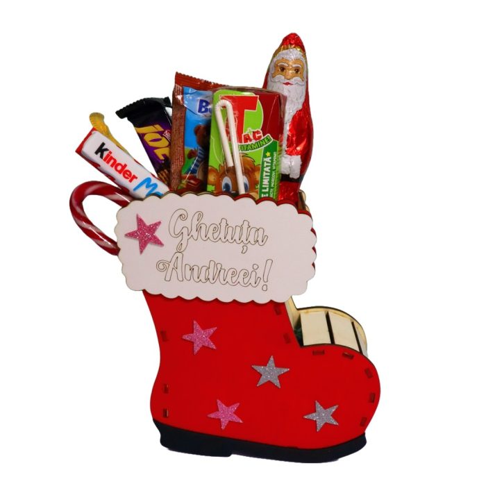 Cutie cadou de Craciun in forma de gheata, Personalizata, Pachet de dulciuri pentru copii, Lemn, Rosu, 22x21 cm, CCD006 - imagine 3