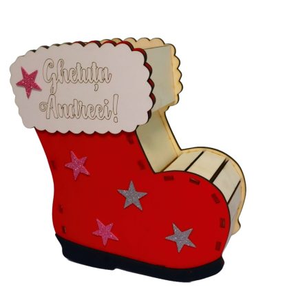 Cutie cadou de Craciun in forma de gheata, Personalizata, Lemn, Rosu, 22x21 cm, CCDB002